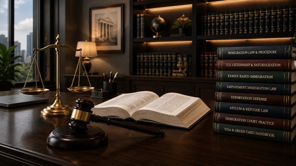 Immigration law office with scales of justice, gavel, and law books