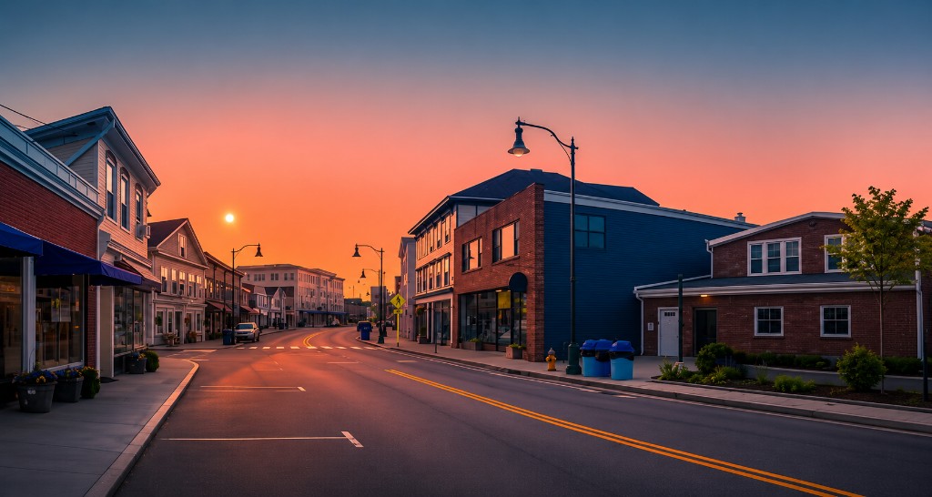 Main Street in Mystic, Connecticut at sunset